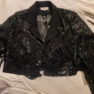 Peach Love California Black Sequin Fringe Cropped Jacket